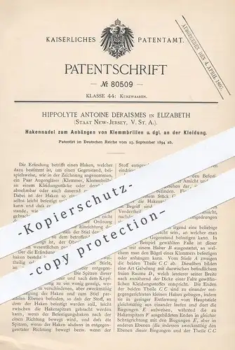 original Patent - Hippolyte Antoine Deraismes , Elizabeth , New Jersey , USA , 1894 , Hakennadel für Brillen | Brille !!