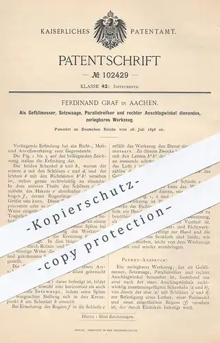 original Patent - Ferdinand Graf , Aachen , 1898 , Gefällmesser , Setzwaage , Parallelreißer | Werkzeug , Messer , Waage