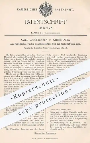 original Patent - Carl Christensen , Christiania , 1892 , Fass , Gefäß aus Papierstoff | Papier , Stoff , Faser , Fässer