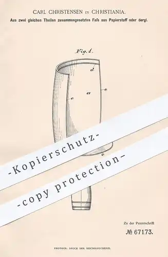 original Patent - Carl Christensen , Christiania , 1892 , Fass , Gefäß aus Papierstoff | Papier , Stoff , Faser , Fässer