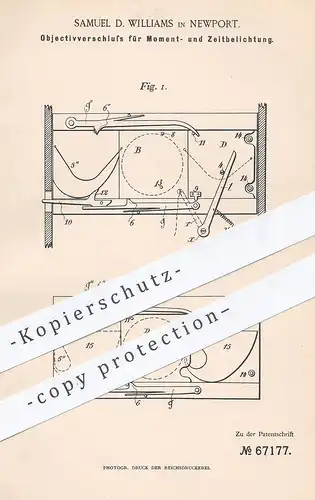 original Patent - Samuel D. Williams , Newport , 1891 , Objektivverschluss | Foto - Kamera | Objektiv , Fotograf !!