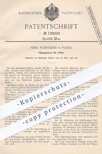 original Patent - Ferd. Schneider , Fulda  1902 , Füllungsmasse für Fritter | Strom , Elektriker , Elektroden , Elektrik