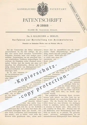 original Patent - Dr. S. Kalischer , Berlin , 1884 , Herst. von Accumulatoren | Accumulator | Batterie | Strom , Akku !!