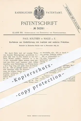 original Patent - Paul Soltsien , Halle / Saale , 1885 , Entbitterung von Lupinen , Früchten | Bitterstoff , Ammoniak !!