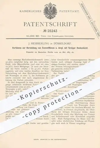 original Patent - J. Hemmerling , Düsseldorf , 1883 , Herst. von Zement - Fliesen mit farbiger Deckschicht | Beton