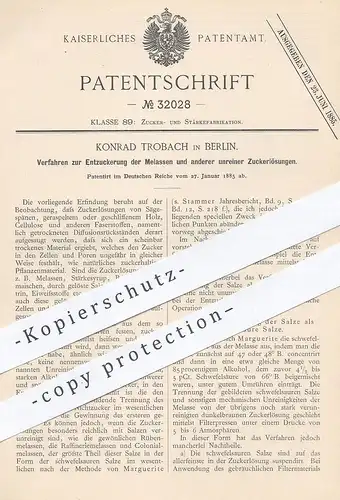original Patent - Konrad Trobach , Berlin , 1885 , Entzuckerung von Melasse u. Zuckerlösung | Zucker , Salz , Chemie !!
