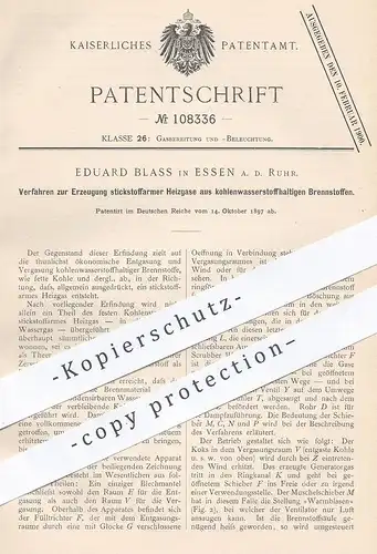 original Patent - Eduard Blass , Essen / Ruhr , 1897 , stickstoffarme Heizgase aus kohlenwasserstoffhaltigem Brennstoff
