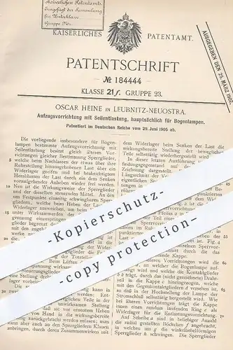 original Patent - Oscar Heine , Leubnitz / Neuostra , 1905 , Aufzug mit Seilentlastung für Bogenlampen | Lampe , Licht !