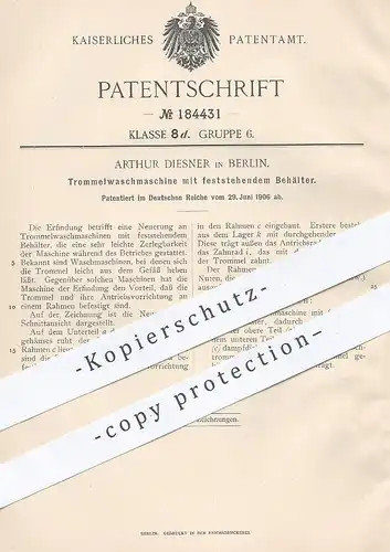 original Patent - Arthur Diesner , Berlin , 1906 , Trommel - Waschmaschine | Wäsche , Waschen , Wäscherei , Schleuder !!