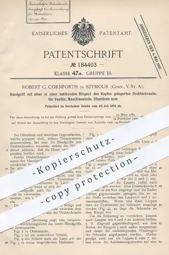 original Patent - Robert G. Cornforth , Seymour , Conn. , USA , 1905 , Handgrif für Ventile , Maschinen , Ofentür | Tür