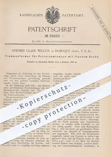 original Patent - Stephen Clark Wilcox , Dubuque , Jowa , USA , 1886 , Flammenformer für Petroleum - Lampen | Brenner !!