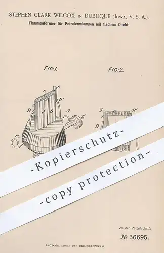 original Patent - Stephen Clark Wilcox , Dubuque , Jowa , USA , 1886 , Flammenformer für Petroleum - Lampen | Brenner !!