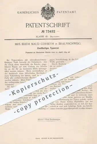 original Patent - Edith Maud Corbeth , Braunschweig , 1893 , Zweiteiliges Typenrad | Druck , Druckerei , Drucker , Type