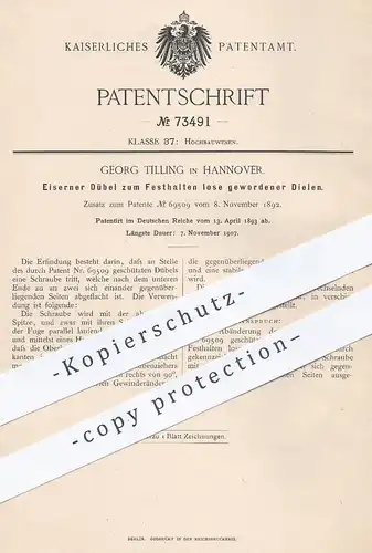 original Patent - Georg Tilling , Hannover , 1893 , Eiserner Dübel | Eisendübel | Gewinde - Schrauben | Werkzeug , Bau !