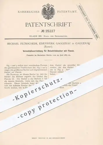 original Patent - Michael Flürscheim , Eisenwerk Gaggenau , 1883 , Verschluss für Reisetrinkbecher mit Flacon | Becher !
