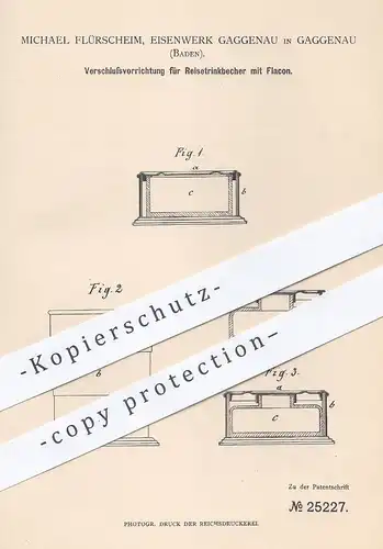 original Patent - Michael Flürscheim , Eisenwerk Gaggenau , 1883 , Verschluss für Reisetrinkbecher mit Flacon | Becher !