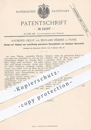 original Patent - Raymond Gigot , Edouard Hübner , Paris , Frankreich , 1885 , Striegel mit Kämmen | Tier , Kamm , Pferd