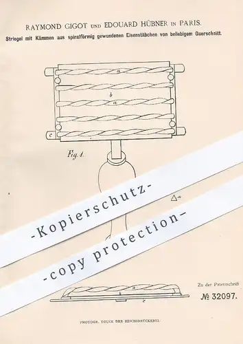 original Patent - Raymond Gigot , Edouard Hübner , Paris , Frankreich , 1885 , Striegel mit Kämmen | Tier , Kamm , Pferd