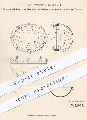 original Patent - Hugo Heckert , Halle / Saale , 1885 , Herst. von gewölbtem Glas aus Flachglas | Gläser , Glasbläser