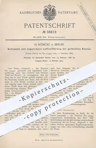 original Patent - H. Rösicke , Berlin , 1886 , regulierbare Luftzuführung bei geteilten Rosten | Rost , Ofen , Feuerung
