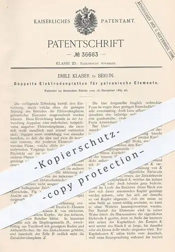 original Patent - Emile Klaber , Berlin , 1885 , Doppelte Elektrodenplatten f. galvanische Elemente | Daniell | Batterie