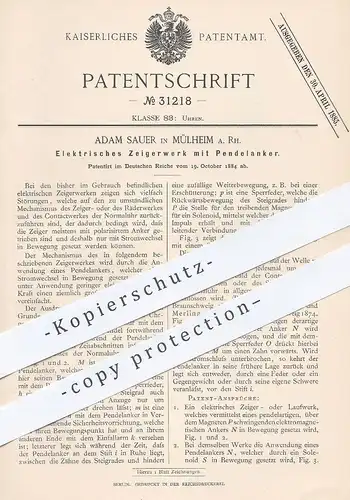 original Patent - Adam Sauer, Mülheim / Rh. , 1884 , Elektrisches Zeigerwerk mit Pendelanker | Uhr , Uhren , Uhrmacher