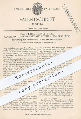 original Patent - Grimme , Natalis & Co., KG auf Aktien , Braunschweig , 1884 , Lüftung von Stoffdrücker | Nähmaschine !