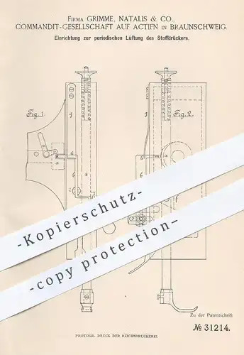 original Patent - Grimme , Natalis & Co., KG auf Aktien , Braunschweig , 1884 , Lüftung von Stoffdrücker | Nähmaschine !