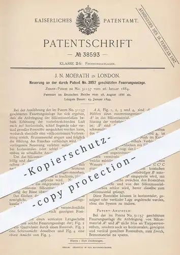 original Patent -  J. N. Moerath , London , 1886 , Feuerungsanlage | Feuerung | Heizung , Ofen , Ofenbauer !!