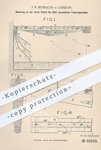 original Patent -  J. N. Moerath , London , 1886 , Feuerungsanlage | Feuerung | Heizung , Ofen , Ofenbauer !!