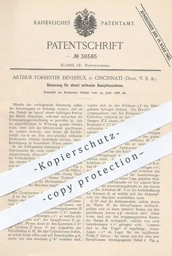 original Patent - Arthur Forrester Devereux , Cincinnati , Ohio , USA , 1886 , Steuerung für Dampfmaschinen | Motor !!