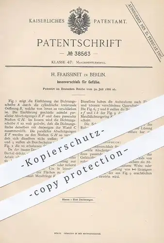 original Patent - H. Fraissinet , Berlin , 1886 , Innenverschluss für Gefäße | Gefäß mit Deckel | Fass , Dose