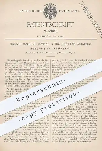 original Patent - Harald Magnus Hammar , Trollhättan , Schweden , 1885 , Schloss , Türschloss | Tür , Schlosser !!!