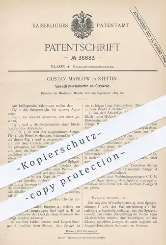 original Patent - Gustav Mahlow , Stettin , 1885 , Spiegelreflektorhalter am Klavier | Piano , Beleuchtung , Musik