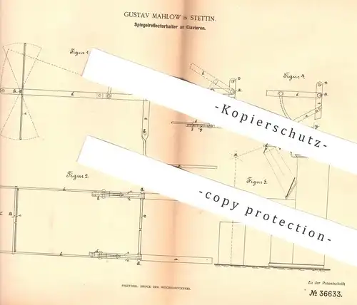 original Patent - Gustav Mahlow , Stettin , 1885 , Spiegelreflektorhalter am Klavier | Piano , Beleuchtung , Musik