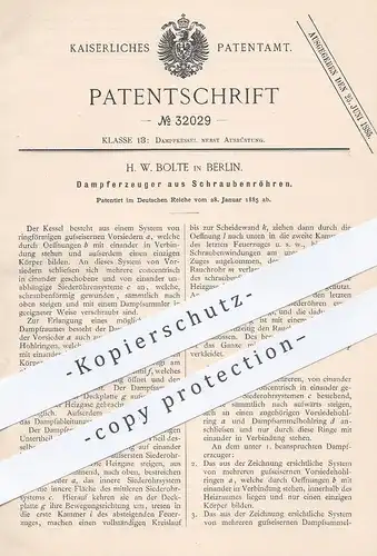 original Patent - H. W. Bolte , Berlin , 1885 , Dampferzeuger aus Schraubenröhren | Dampfkessel , Kessel , Dampfmaschine