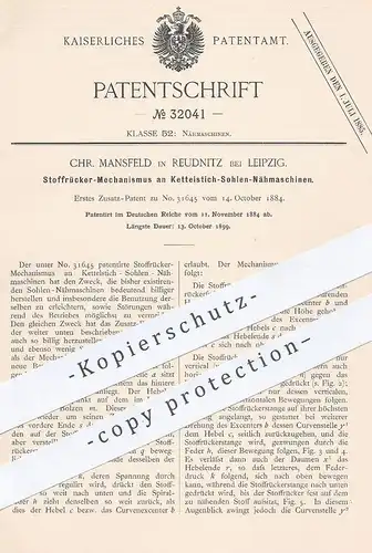 original Patent - Chr. Mansfeld , Reudnitz / Leipzig , 1884 , Stoffrücker - Mechanismus an Kettelstich - Nähmaschine !!