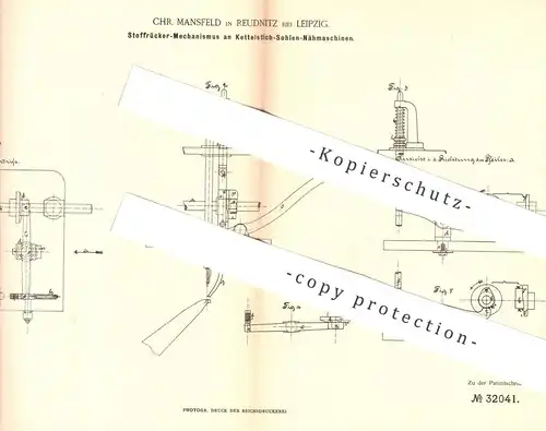 original Patent - Chr. Mansfeld , Reudnitz / Leipzig , 1884 , Stoffrücker - Mechanismus an Kettelstich - Nähmaschine !!