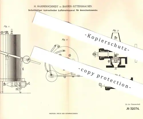 original Patent - H. Hammerschmidt , Barmen / Rittershausen , 1884 , hydraulischer Luftdruckapparat f. Zapfanlage | Bier