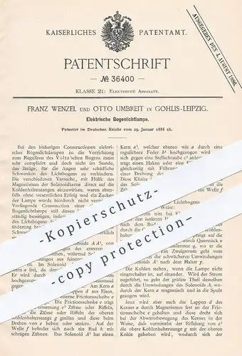 original Patent - Franz Wenzel , Otto Umbreit , Leipzig / Gohlis , 1886 , Elektrische Bogenlichtlampe | Lampe , Elektrik