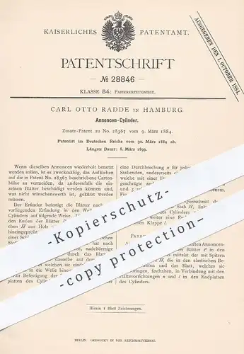 original Patent - Carl Otto Radde , Hamburg , 1884 , Annoncen - Zylinder | Papierfabrik , Papier , Druckerei , Druck !!