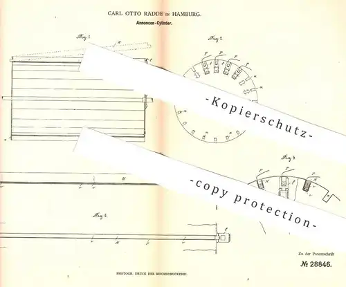 original Patent - Carl Otto Radde , Hamburg , 1884 , Annoncen - Zylinder | Papierfabrik , Papier , Druckerei , Druck !!