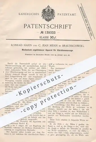 original Patent - Konrad Hahn , C. Jean Mehn , Braunschweig  1902 , mechanischer Apparat für Vibrationsmassage | Massage