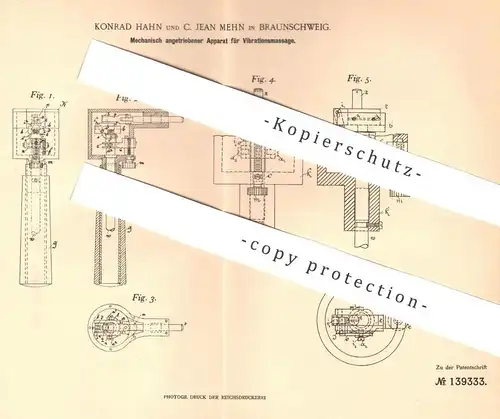 original Patent - Konrad Hahn , C. Jean Mehn , Braunschweig  1902 , mechanischer Apparat für Vibrationsmassage | Massage