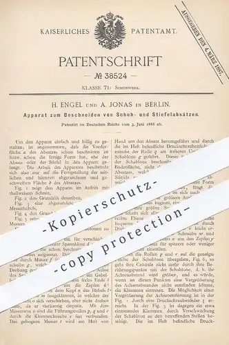 original Patent - H. Engel , A. Jonas , Berlin , 1886 , Beschneiden von Absätzen am Schuh , Stiefel | Schuster , Schuhe