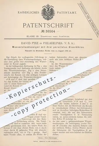 original Patent - David Pyke , Philadelphia , USA , 1886 , Wasserstandsanzeiger mit parallelen Glasröhren | Dampfkessel