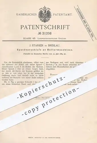 original Patent - J. Starker , Breslau , 1884 , Spundverschluss an Buttermaschinen | Butter , Buttermilch , Milch !!!