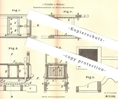 original Patent - J. Starker , Breslau , 1884 , Spundverschluss an Buttermaschinen | Butter , Buttermilch , Milch !!!