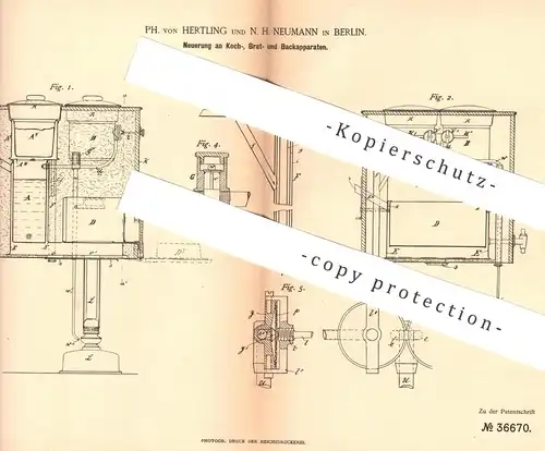 original Patent - Ph. von Hertling , N. H. Neumann , Berlin , 1885 , Kochherd , Herd , Backofen | Heizung , Gas , Ofen !
