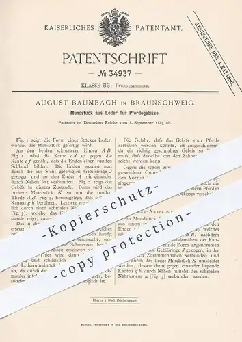 original Patent - August Baumbach , Braunschweig , 1885 , Mundstück aus Leder für Pferdegebisse | Pferd , Pferdegeschirr